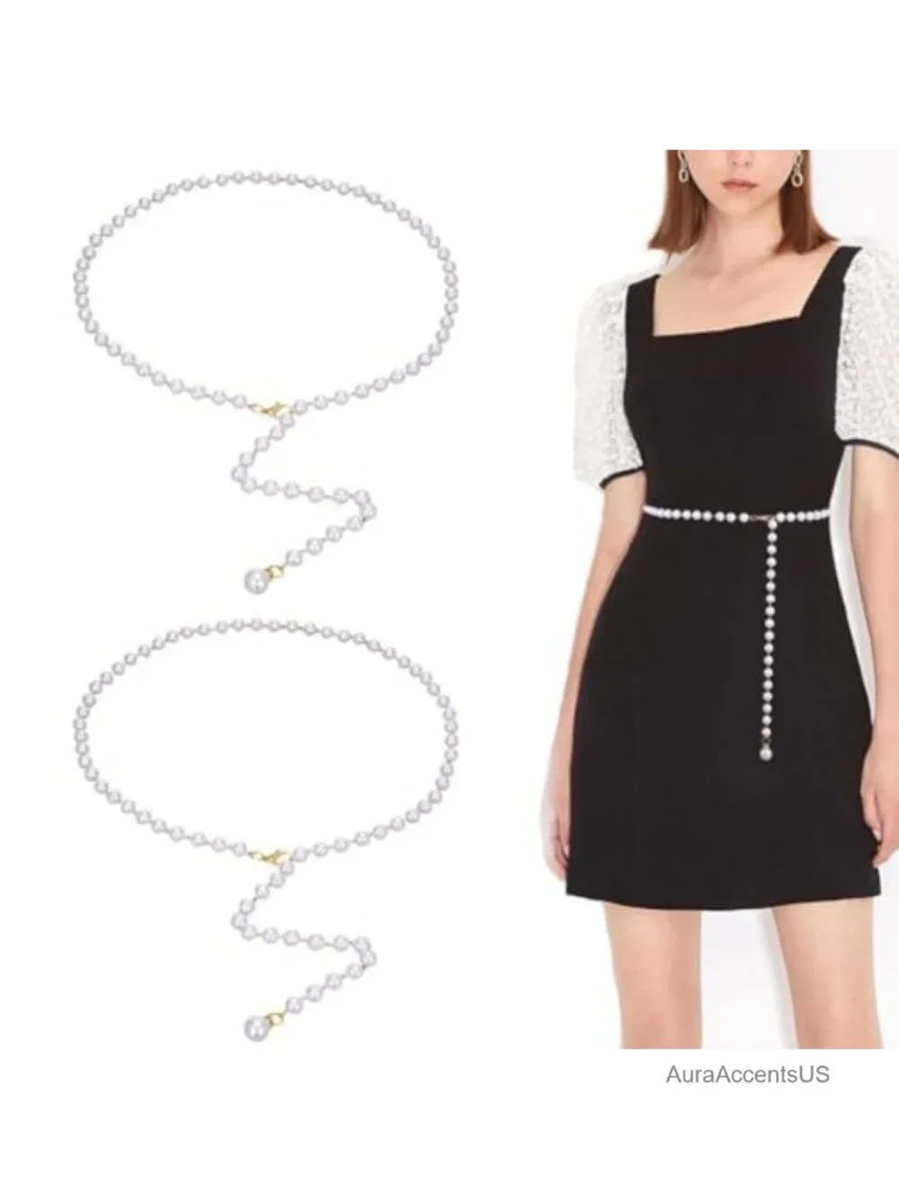 Faux Pearl Rhinestone Elastic Waist Chain Belt - Women's Skinny Cinch Belt